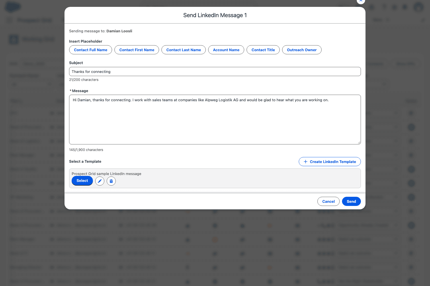 Writing a LinkedIn message to a contact from inside Salesforce, with a template