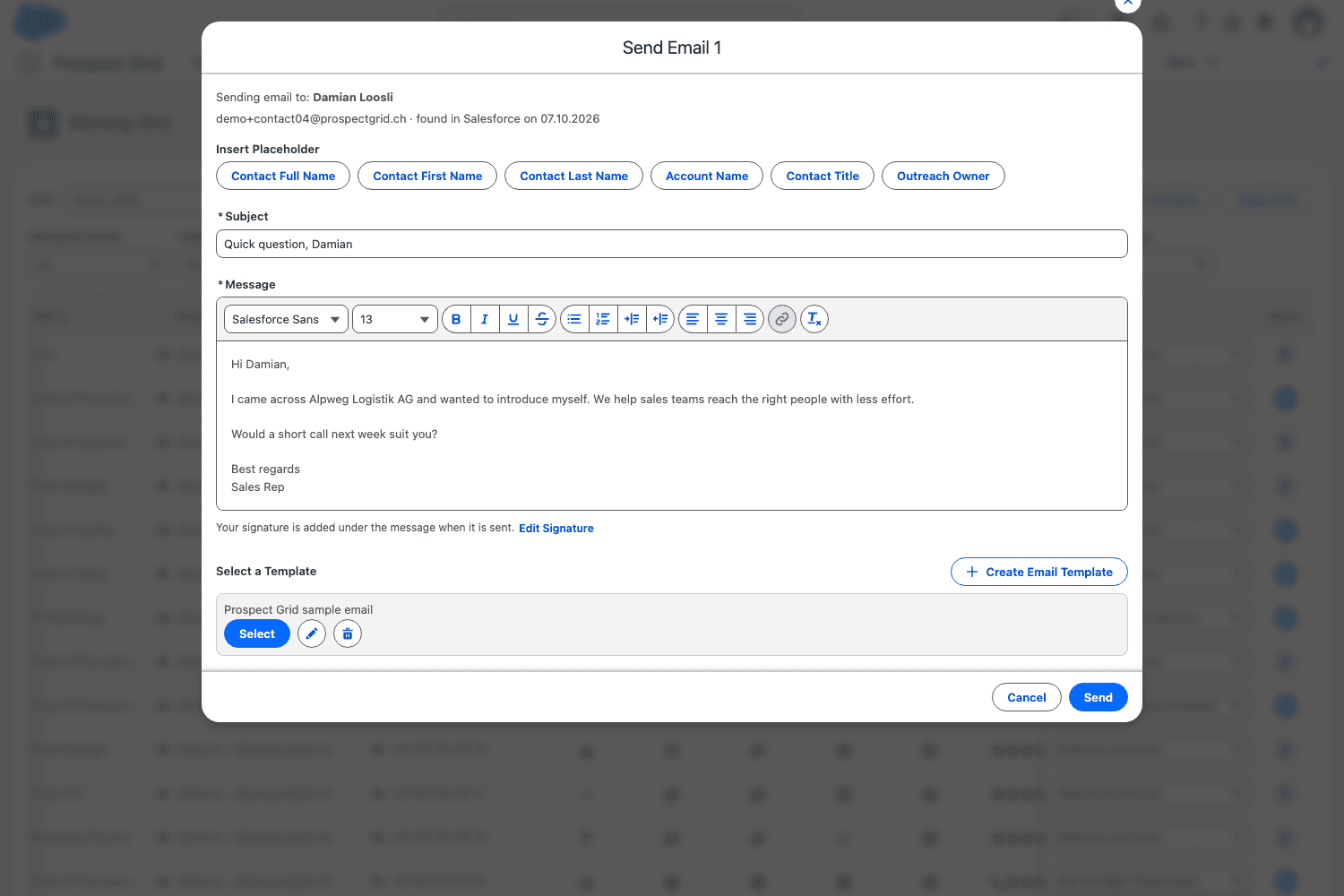 Send emails from inside Salesforce in two clicks, with your signature