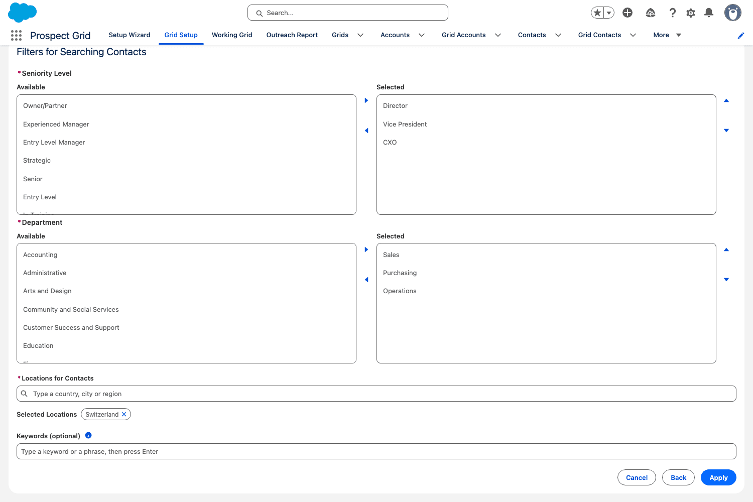Find new contacts by seniority, department and location